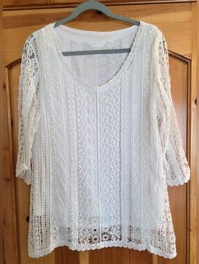 Women’s Christopher & Banks White Crochet Lace 3/4 Sleeve Lined Blouse Tunic L